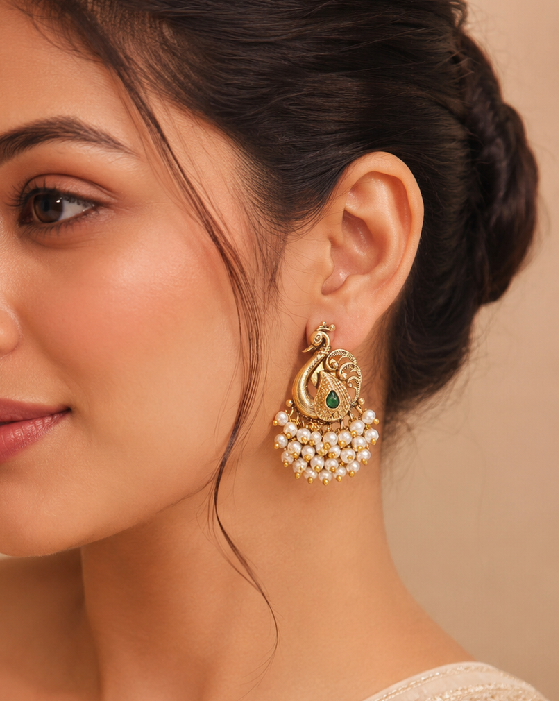 Pehrika- Temple Earrings with Peacock Design for Girls & Women