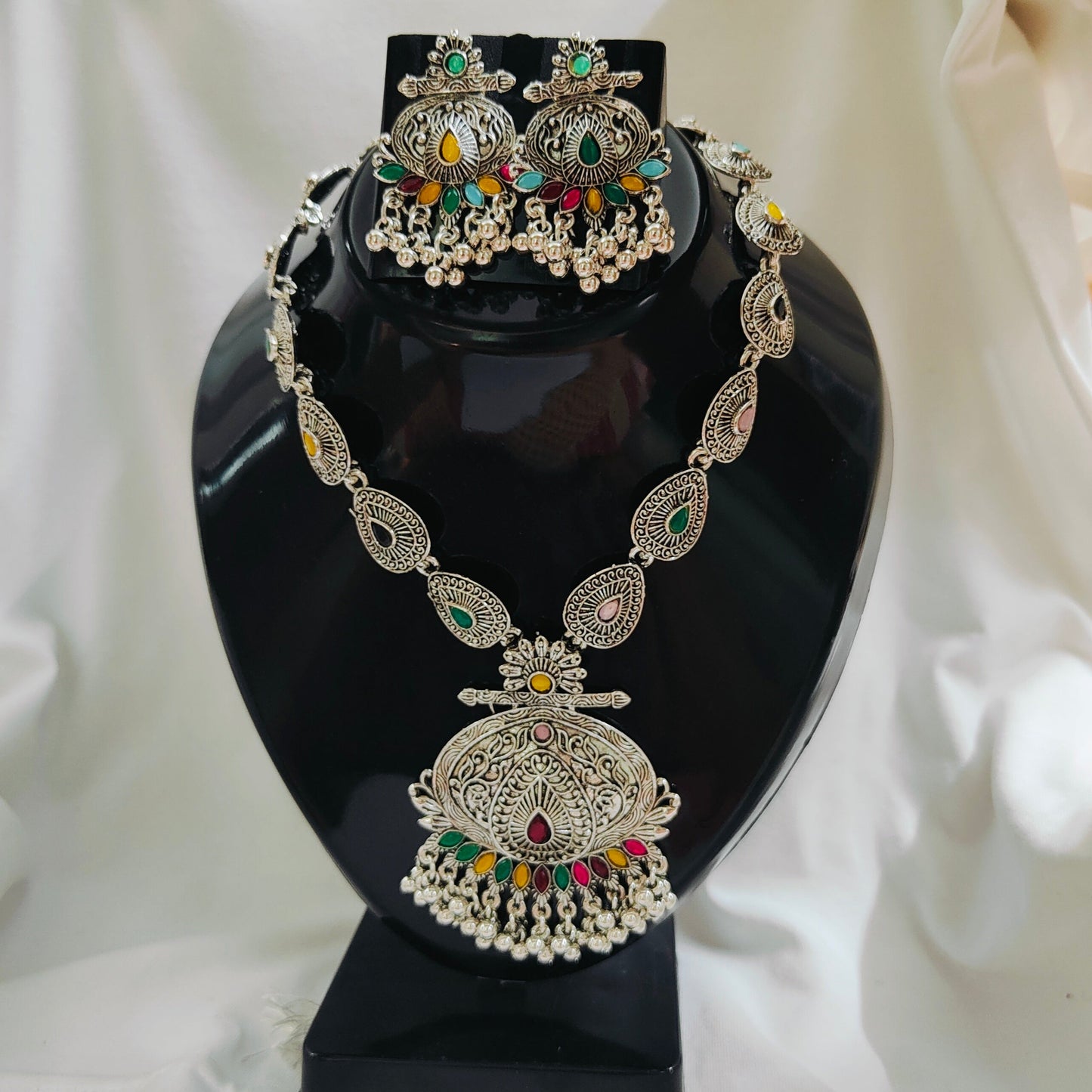 Aria : German Silver Long Necklace Set for Women