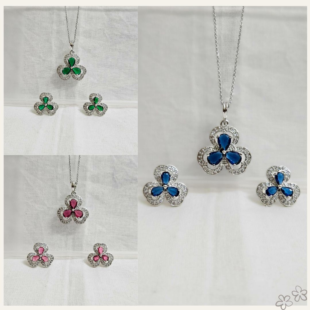 Celestyn Blue/Green/Pink- AD Stone Chain Pendant Set for Girls & Women