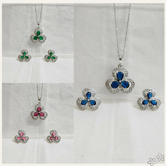 Celestyn Blue/Green/Pink- AD Stone Chain Pendant Set for Girls & Women